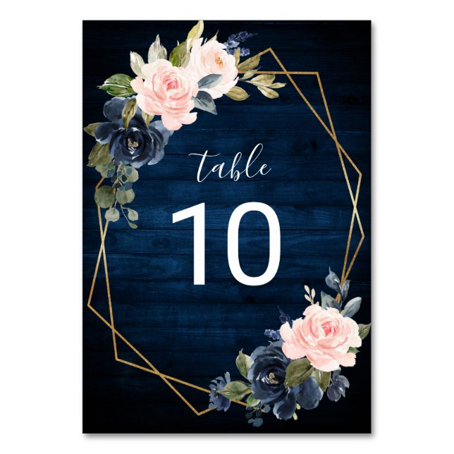 Rustic Wood Navy Blue Blush Pink Geometric Table Number (Front)