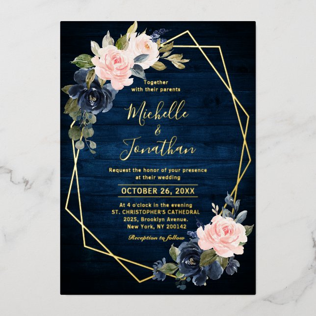 Rustic Wood Navy Blue Blush Pink Geometric Wedding (Front)