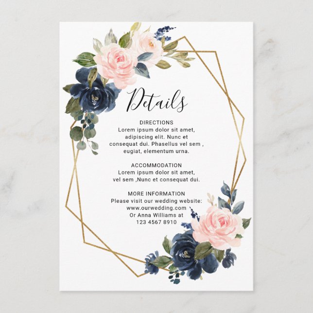 Rustic Wood Navy Blue Blush Pink Geometric Wedding Enclosure Card (Front)