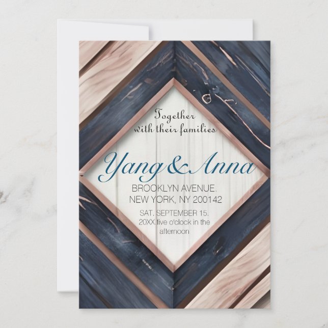 Rustic Wood Navy Blue Blush Pink Geometric Wedding Invitation (Front)