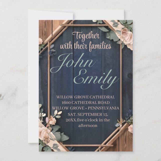 Rustic Wood Navy Blue Blush Pink Geometric Wedding Invitation (Front)