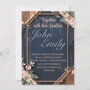 Rustic Wood Navy Blue Blush Pink Geometric Wedding Invitation