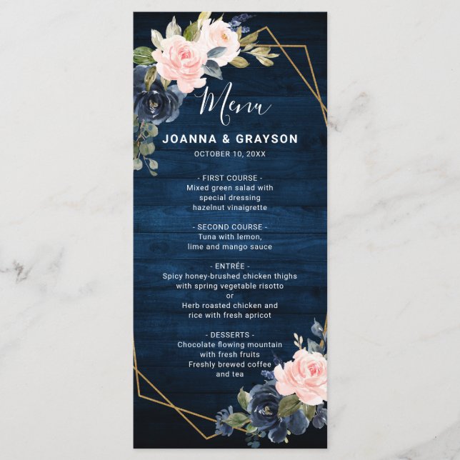 Rustic Wood Navy Blue Blush Pink Geometric Wedding Menu (Front)
