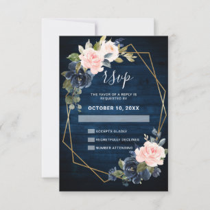 Rustic Wood Navy Blue Blush Pink Geometric Wedding RSVP Card