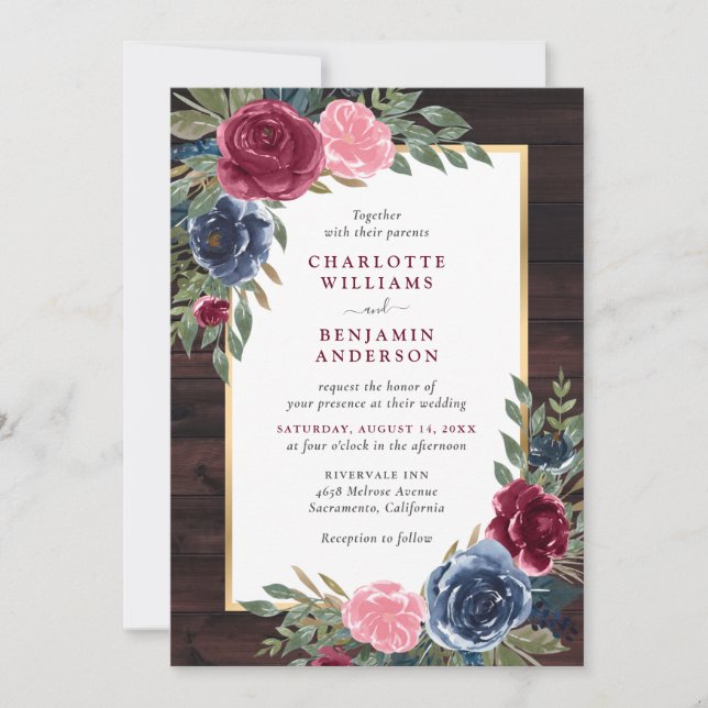 Rustic Wood Navy Blue Burgundy Gold Floral Invitation (Front)
