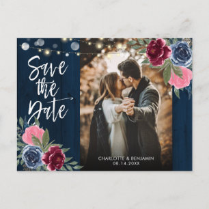 Rustic Wood Navy Blue Burgundy Photo Save The Date Postcard