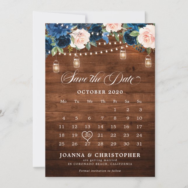 Rustic Wood Navy Blue Floral Mason Jar Calendar  Save The Date (Front)