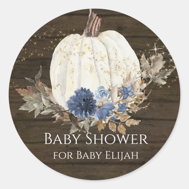 Rustic Wood Navy Blue Floral Pumpkin Baby Shower Classic Round Sticker (Front)