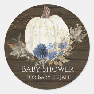 Rustic Wood Navy Blue Floral Pumpkin Baby Shower Classic Round Sticker