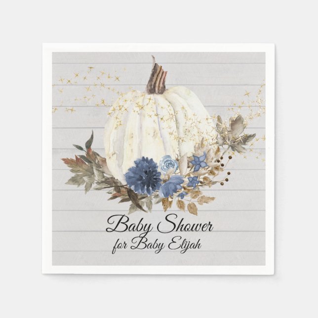 Rustic Wood Navy Blue Floral Pumpkin Baby Shower Napkin (Front)