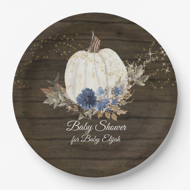 Rustic Wood Navy Blue Floral Pumpkin Baby Shower Paper Plate (Front)