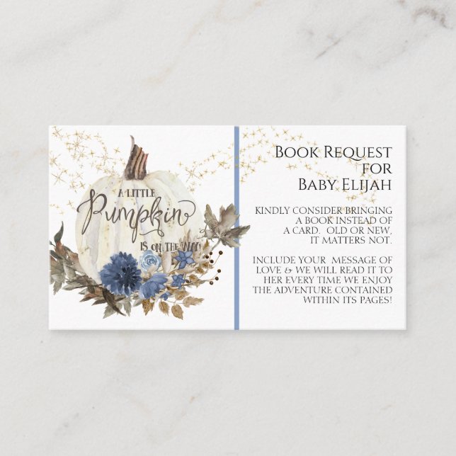 Rustic Wood Navy Blue Floral Pumpkin Book Request Business Card (Front)