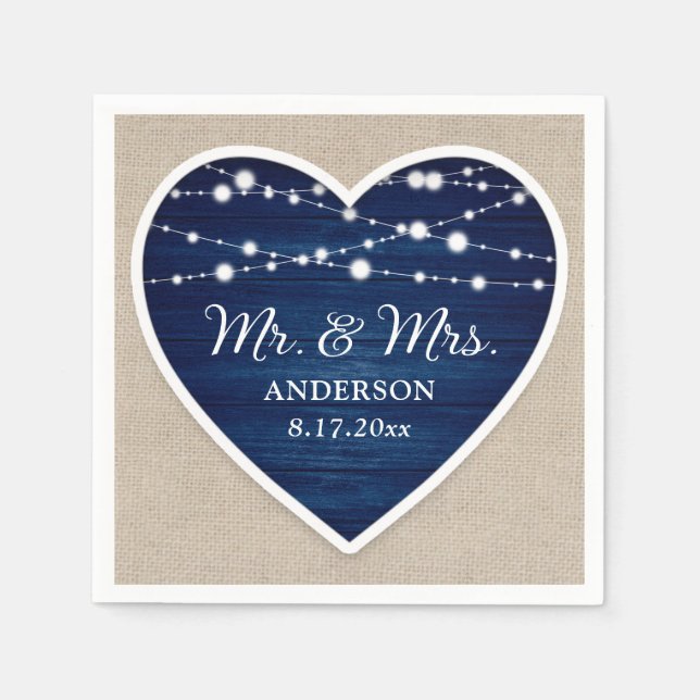 Rustic Wood Navy Blue Mr and Mrs Wedding Napkin (Front)