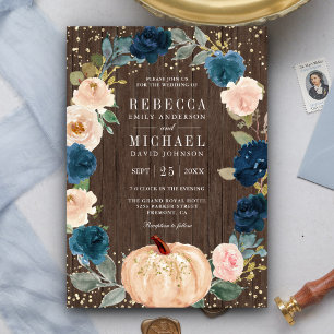Rustic Wood Navy Blue Peach Floral Pumpkin Wedding Invitation