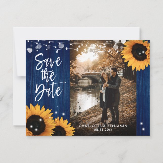 Rustic Wood Navy Blue Sunflower Wedding Photo Save The Date (Front)