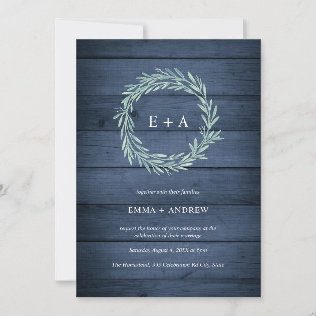 Rustic Wood Navy Blue Watercolor Wreath Wedding Invitation (Front)