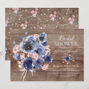 Rustic Wood Navy Blush Floral Bridal Shower Invitation