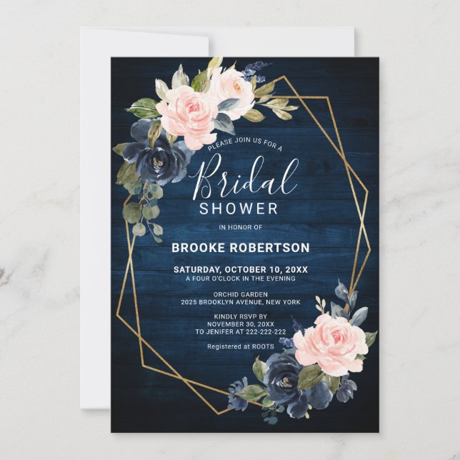 Rustic Wood Navy Blush Geometric Bridal Shower Invitation (Front)