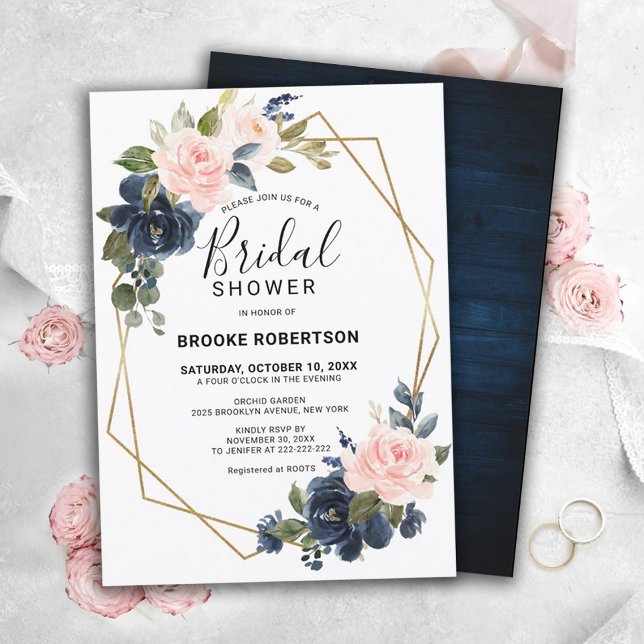 Rustic Wood Navy Blush Geometric Bridal Shower Invitation (Creator Uploaded)