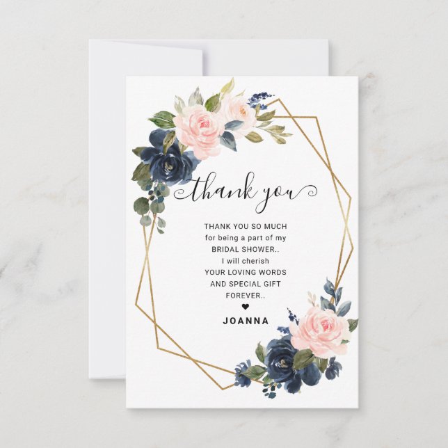 Rustic Wood Navy Blush Geometric Bridal Shower Thank You Card (Front)