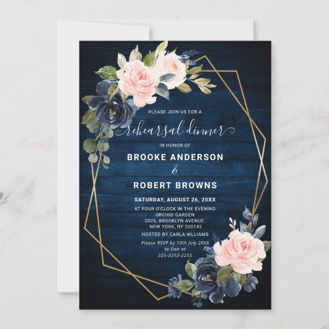 Rustic Wood Navy Blush Geometric Rehearsal Dinner Invitation (Front)