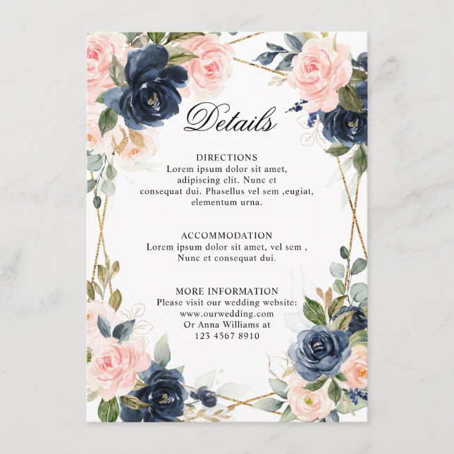 Rustic Wood Navy Blush Geometric Wedding Details Enclosure Card (Front)