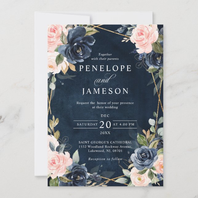 Rustic Wood Navy Blush Geometric Wedding Invitatio Invitation (Front)