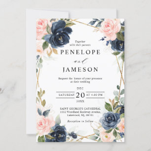 Rustic Wood Navy Blush Geometric Wedding Invitation