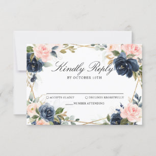 Rustic Wood Navy Blush Geometric Wedding RSVP Card