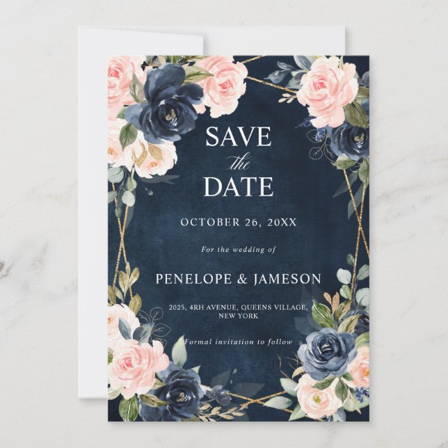 Rustic Wood Navy Blush Geometric Wedding Save The  Date (Front)