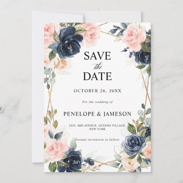 Rustic Wood Navy Blush Geometric Wedding Save The Date (Front)