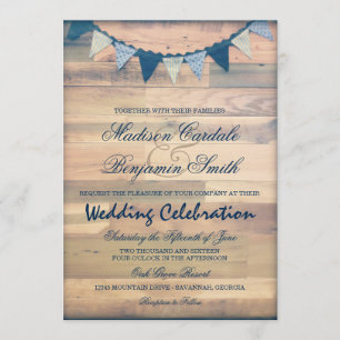 Rustic Wood Navy Bunting Banner Wedding Invites