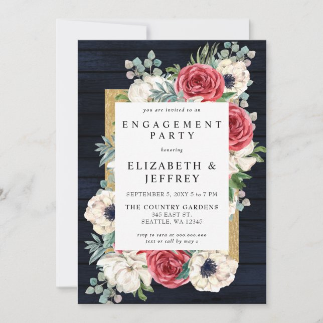 Rustic Wood Navy Burgundy Gold Engagement Party Invitation (Front)