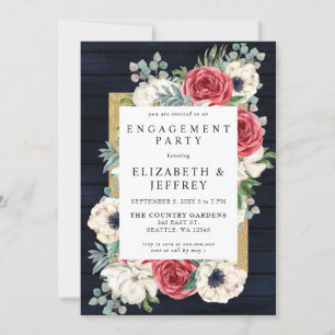 Rustic Wood Navy Burgundy Gold Engagement Party Invitation