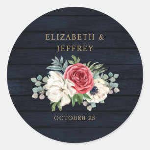 Rustic Wood Navy Burgundy Gold Floral Wedding Classic Round Sticker