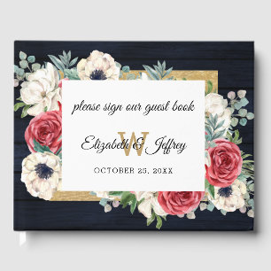 Rustic Wood Navy Burgundy Gold Floral Wedding Guest Book