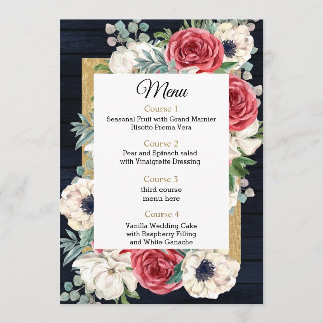 Rustic Wood Navy Burgundy Gold Floral Wedding Menu (Front)