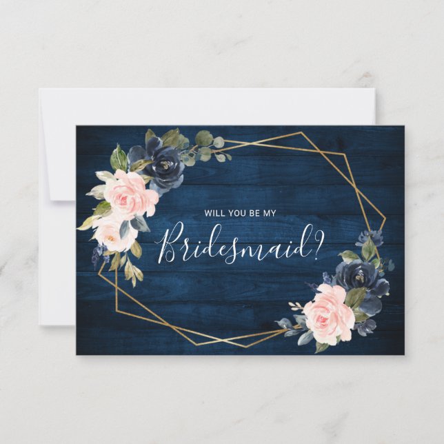 Rustic Wood Navy Geometric Bridesmaid Proposal Invitation (Front)