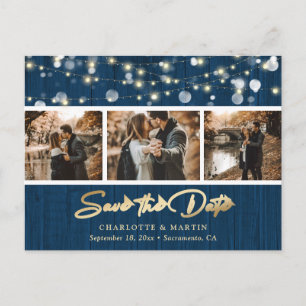 Rustic Wood Navy Gold Wedding Photo Save The Date Announcement Postcard