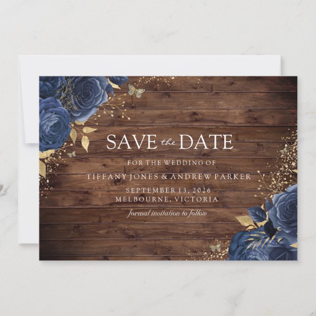 Rustic Wood Navy Indigo Roses Gold Floral Wedding Save The Date (Front)