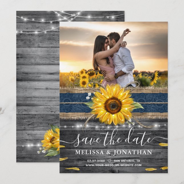 Rustic Wood Navy Lace Sunflower Wedding Photo Save The Date (Front/Back)