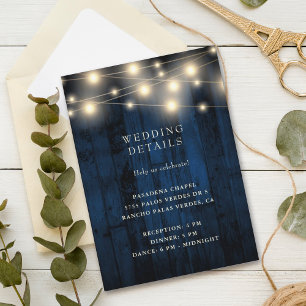 Rustic Wood Navy String Lights Wedding Reception Enclosure Card