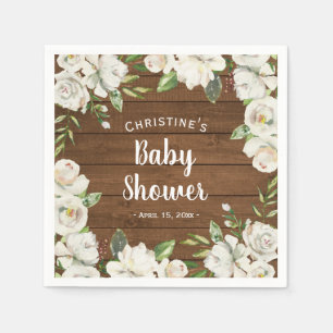 Rustic Wood Neutral Flowers Baby Shower Sprinkle Napkin
