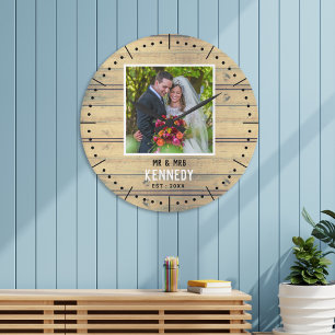 Rustic Wood Newly Wed Photo Wedding Anniversary   Large Clock