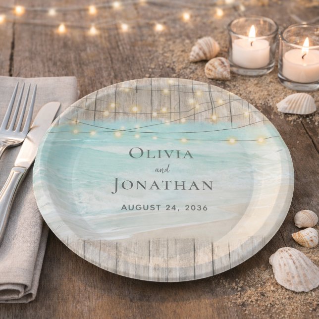 Rustic Wood Ocean Beach String Lights Wedding Paper Plate (Creator Uploaded)