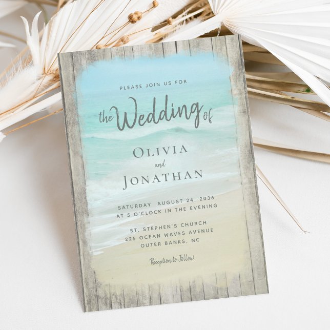 Rustic Wood Ocean Waves Beach Wedding Invitation (Creator Uploaded)