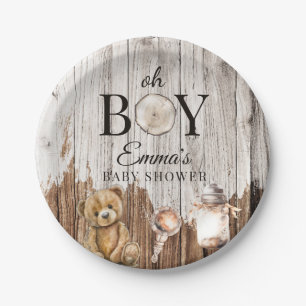 Rustic Wood Oh Boy Baby Shower Invitation Paper Plate