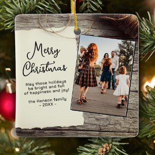 Rustic Wood Old Paper Merry Christmas Familly Ceramic Ornament