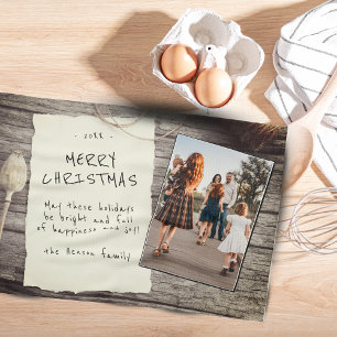 Rustic Wood Old Paper Script Christmas Photo Tea Towel