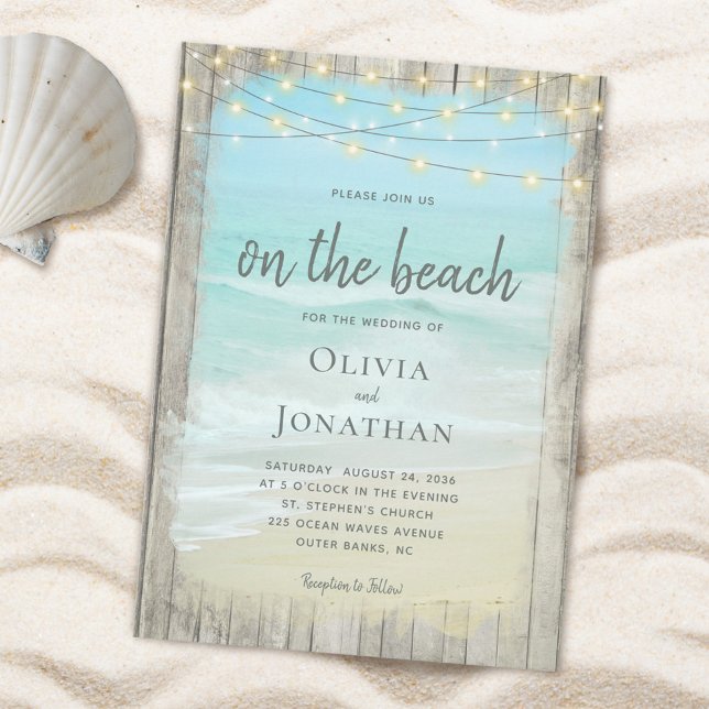 Rustic Wood On The Beach String Lights Wedding Invitation (Creator Uploaded)